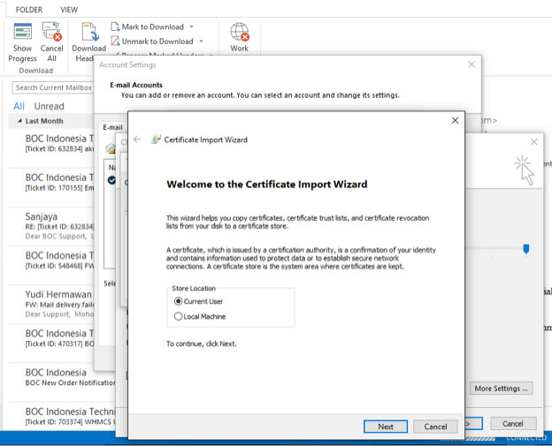 Menghilangkan Security Certificate Alert di Outlook