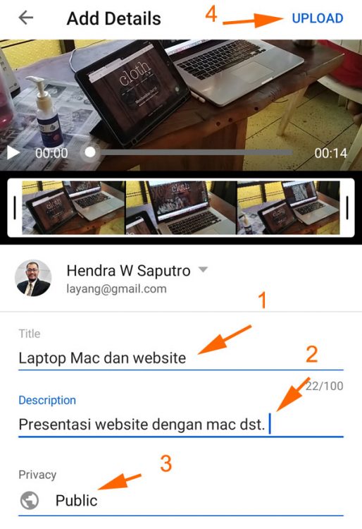 Isi title, deskripsi, status dan klik upload ke youtube